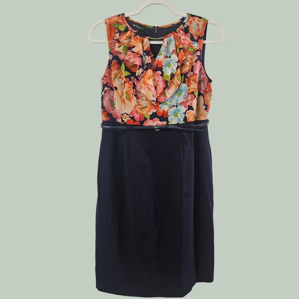 Alyx Petite Floral Ruffle Sheath belted Dress Navy Blue Orange Size 8P